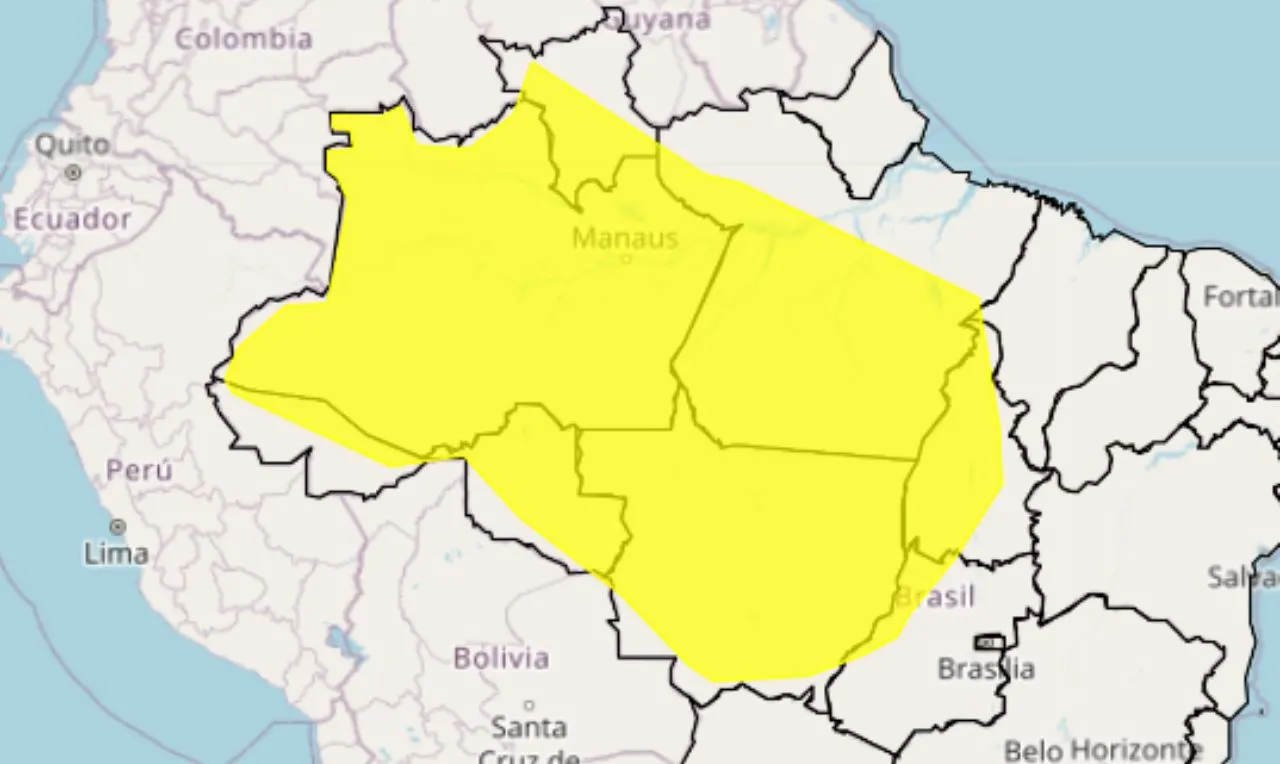 o mapa mostra as áreas em alerta para chuva intensa e ventania